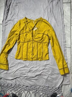 Free People Mustard Yellow Crochet-Trim Long Sleeve Jacket